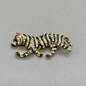 Bijoux Cascio Brooch Women Gold Black Rhinestone Prowling Tiger Vintage Jewelry
